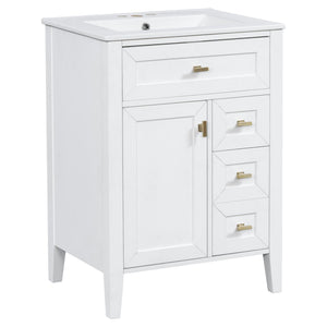 English Elm "24'' 24 Inch Glossy Freestanding Bathroom Vanity with Gold Hardware and Soft Close Storage White Rubberwood N725P448529K