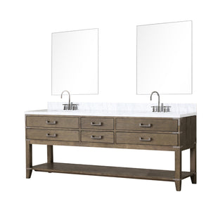 English Elm Brown Oak Double Bathroom Vanity with Carrara Marble Top and Frameless Mirrors B2731S01920