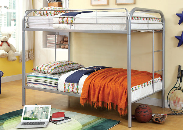 English Elm Twin Industrial Metal Bunk Bed with Wood Panels and Built-In Ladder, Guarded Top, Versatile Layouts Silver 86 L x 21 W x 7 H B2741P353755