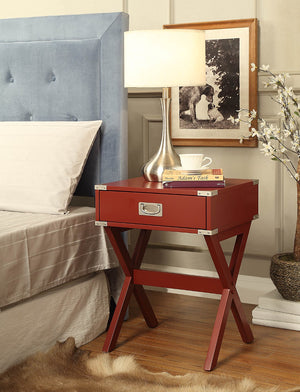 English Elm Babs Industrial Accent Table with X Base Metal Hardware and Single Storage Drawer Red B2726P270995