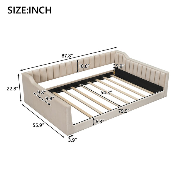 English Elm Full XL Upholstered Daybed with Velvet Channel Tufting, Tapered Dowel Legs & Side Storage Pocket Beige DL002211AAA