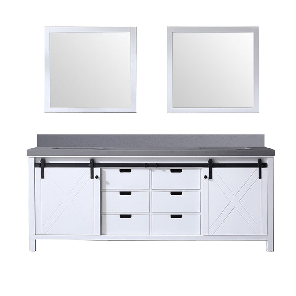 English Elm White Double Bath Vanity 84" W With Grey Quartz Countertop, Matte Black Faucets & Matching Mirrors B2731S01079-GIGA
