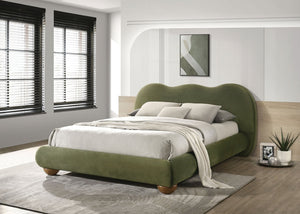 English Elm Brown Boucle Eastern King Bed Camel Back Headboard Round Bun Feet Upholstered Frame Olive Green B2741S00831