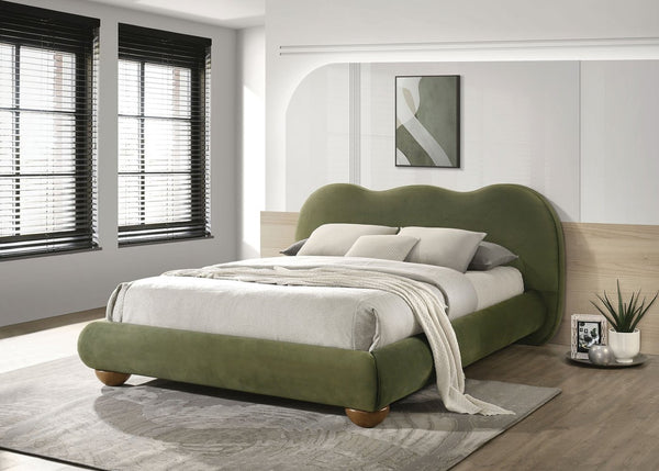 English Elm Brown Boucle Eastern King Bed Camel Back Headboard Round Bun Feet Upholstered Frame Olive Green B2741S00831