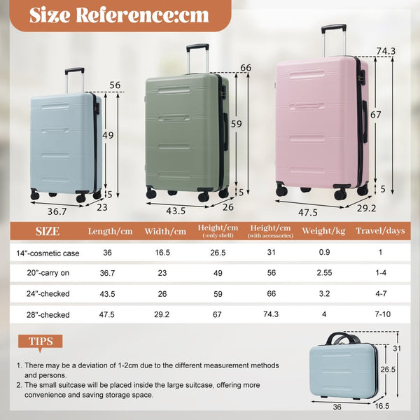 English Elm 6 Piece Hardshell Abs Travel Set with Spinner Wheels Combination Lock and Toiletry Bag Blue,Green,Pink N732P391465D