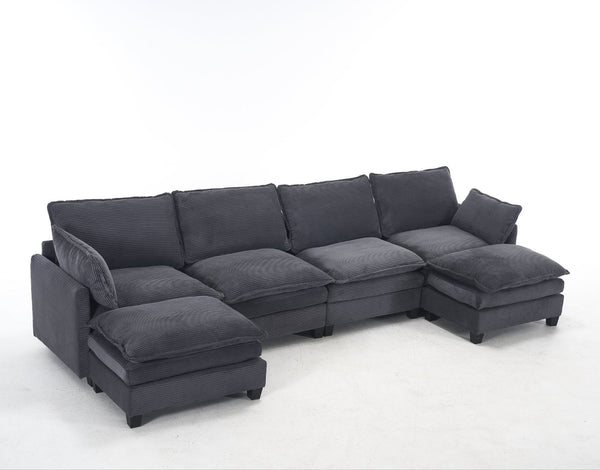 English Elm Oversized Modular Velvet U-Shaped Sofa - Luxurious 4-Seat Couch With 2 Ottomans & Pillows W2705S00024-GIGA