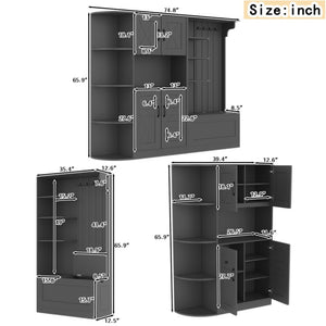 English Elm Multifunctional Modular Hall Tree Cabinet with Open Shelves and Hooks for Entryway Black W1580S00566