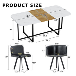English Elm 9-piece Square Dining Set Faux Marble Wood Grain Top with 8 Black Leather Chairs W3875S00144