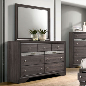 English Elm Gray Glam Dresser w Mirror Set — 63" Shiny Silver-Trim Jewelry Drawer, Dovetail Craft, Round Knobs B2741S00552