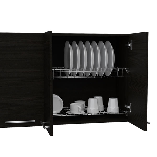 English Elm Wall 24" H Four-Door Wall-Mounted Cabinet with Two Shelves, Plate & Glass Organizer, Sleek Design Black 50.39 L x 16.92 W x 7.09 H B097133117