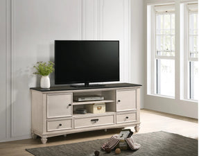 English Elm 1pc Two-Tone Antique Finish TV Stand 67.8" — 2 Sliding Doors, 3 Drawers, Vintage Metal Hardware, Elegant Storage B2741P295125
