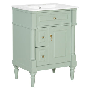 English Elm 24 Inch Freestanding Vanity with Ceramic Sink Rubberwood Frame Matte Finish Storage Green N725P356058F
