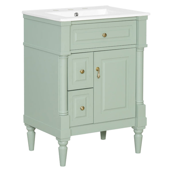 English Elm 24 Inch Freestanding Vanity with Ceramic Sink Rubberwood Frame Matte Finish Storage Green N725P356058F