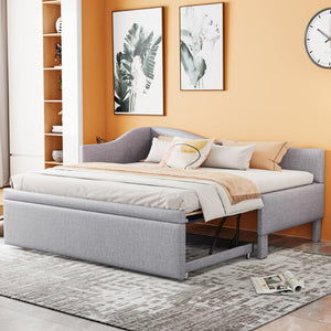 English Elm Twin L-shaped Linen Upholstered Daybed with Hydraulic Pop-up Trundle for Guest Rooms Gray SF000193AAE-1