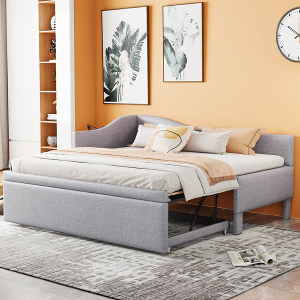 English Elm Twin L-shaped Linen Upholstered Daybed with Hydraulic Pop-up Trundle for Guest Rooms Gray SF000193AAE-1