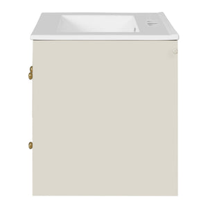 English Elm 24" Modern Wall-Mount Bathroom Vanity with Ceramic Sink, Glass Door Cabinet, 2 Drawers, Soft-Close Beige N710P286704Y