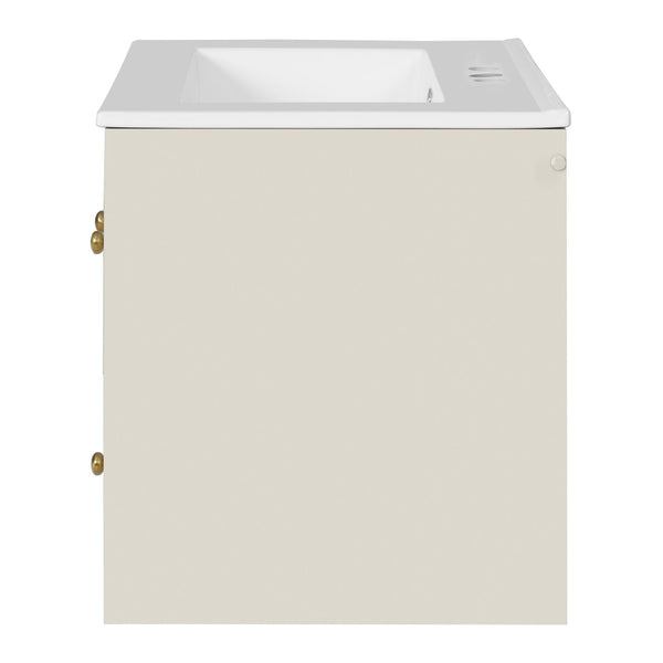 English Elm 24" Modern Wall-Mount Bathroom Vanity with Ceramic Sink, Glass Door Cabinet, 2 Drawers, Soft-Close Beige N710P286704Y