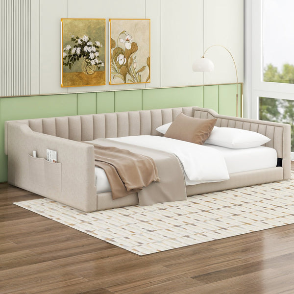 English Elm Full XL Upholstered Daybed with Velvet Channel Tufting, Tapered Dowel Legs & Side Storage Pocket Beige DL002211AAA