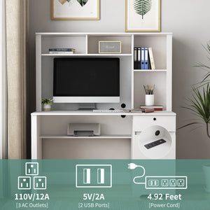 English Elm Computer Desk Modern Home Office with Hutch & Bookshelf, Spacious MDF Surface, Drawers, 3 AC/2 USB Ports, White, Compact Storage Solution W1321S00001