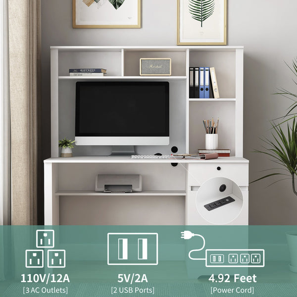 English Elm Computer Desk with Hutch & Bookshelf White MDF — Spacious Executive Study Desk w/ Lockable Drawer, 3 AC & 2 USB Ports, Monitor Stand, Easy Assembly W1321P178183