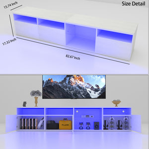 English Elm TV Console Tempered Glass TV Stand 82.6" LED RGB 31 Modes, Storage Cabinets, 2 AC+2 USB Ports W1701P194965
