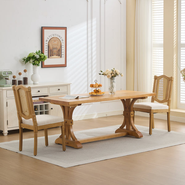 English Elm Full Solid Wood Rattan-Back Dining Chair With Comfortable Linen Cushion, Perfect For Rustic Spaces W1143P384364