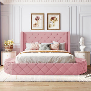 English Elm Upholstered Queen Platform Bed Velvet Wingback Frame with Storage Drawer and Side Stools Pink LP200815AAH