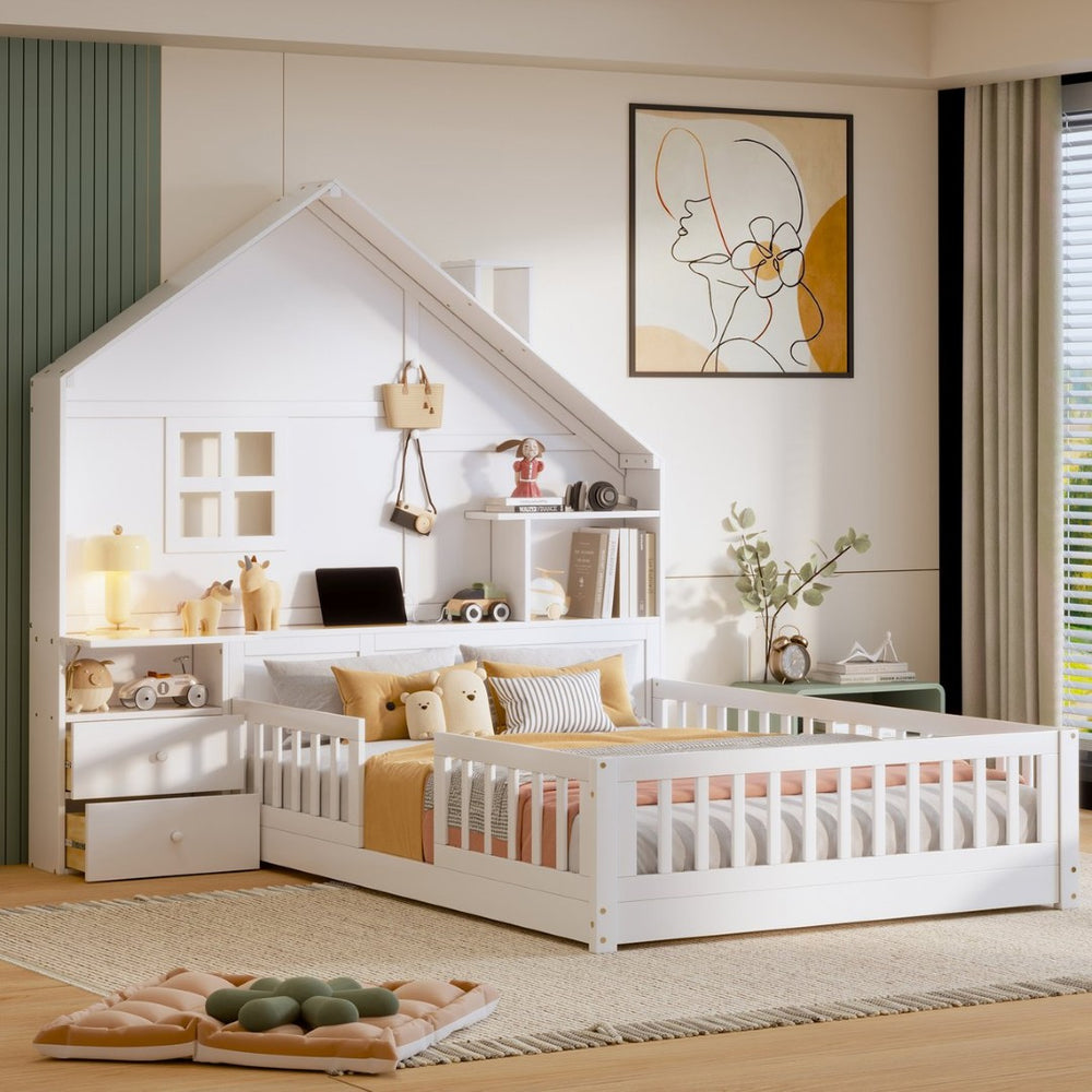 English Elm Full Size House Bed White Wood Frame with Drawers Shelves and Built in Usb Charging LT000423AAK-2