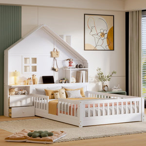 English Elm Full Size House Bed White Wood Frame with Drawers Shelves and Built in Usb Charging LT000423AAK-2