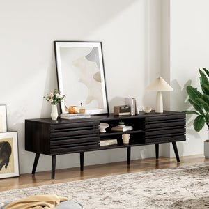 English Elm Mid Century Modern Fluted Wood Media Console with Storage Cabinets for Living Room Dark Walnut T3623P435375