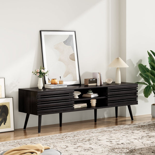 English Elm Mid Century Modern Fluted Wood Media Console with Storage Cabinets for Living Room Dark Walnut T3623P435375