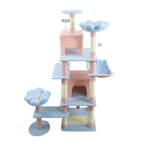 English Elm 71 Inch Floral Cat Tower with Condo Hammock Sisal Posts and Plush Perches for Large Breeds Blue W243P326628