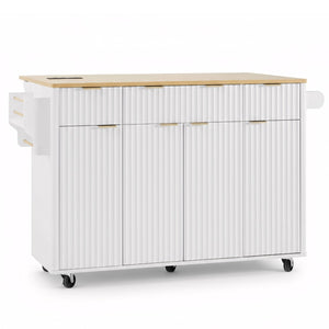 English Elm K&k Fluted Rolling Kitchen Island Faux Marble Top Power Outlet Storage Drawers White N707P353945W