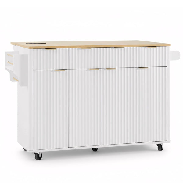 English Elm K&k Fluted Rolling Kitchen Island Faux Marble Top Power Outlet Storage Drawers White N707P353945W
