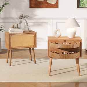 English Elm Rotating Rattan Nightstand Push Open Hidden Storage Mid Century Wood Leg Bedside Natural N761P288451M