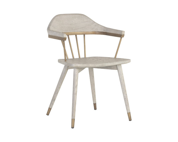 Sunpan DEMI Dining Armchair – Elegant Grey Upholstered Chair with Solid Oak Base & Antique Brass Accents 107288