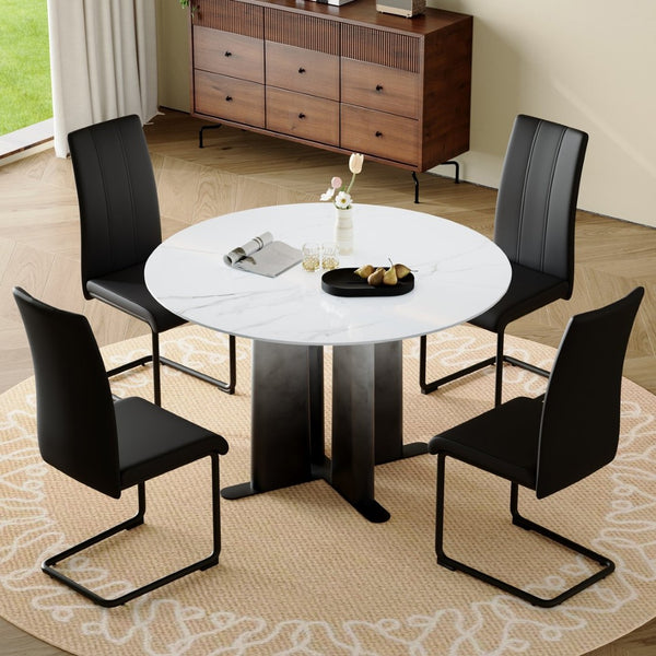English Elm Modern Round Faux Marble Dining Set with Gradient Pedestal and Four Pu Leather Chairs W3875S00070