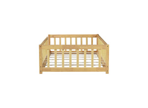 English Elm Twin Size Rubberwood Floor Bed with Safety Fence for Toddler Rooms Natural Finish W504P370528