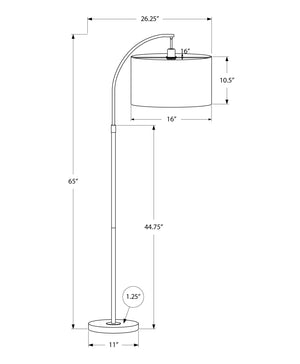 English Elm Lighting, 65"H arc floor lamp with ivory drum shade, sleek metal frame, 100W max, foot switch, modern ambiance Black 26 L x 17 W x 16 H B2710P221307