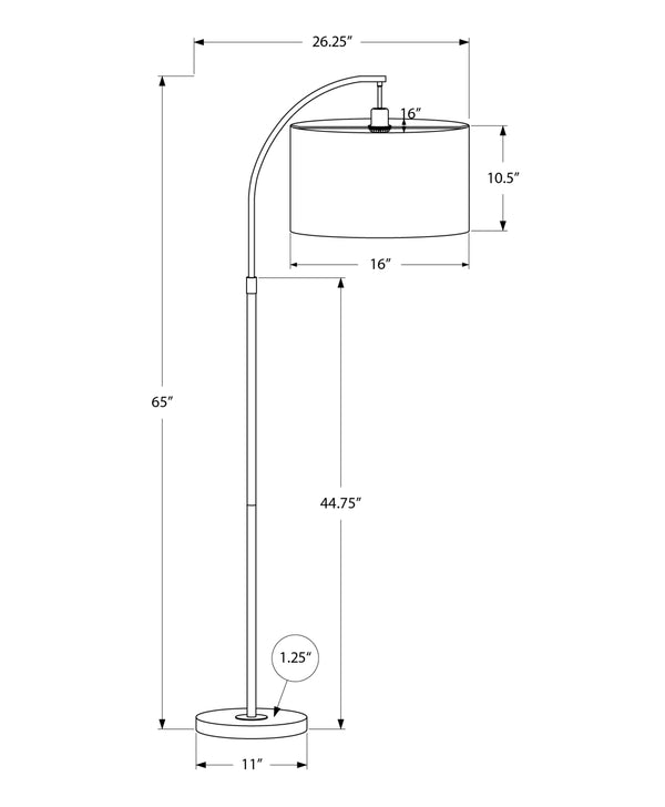 English Elm Lighting, 65"H arc floor lamp with ivory drum shade, sleek metal frame, 100W max, foot switch, modern ambiance Black 26 L x 17 W x 16 H B2710P221307