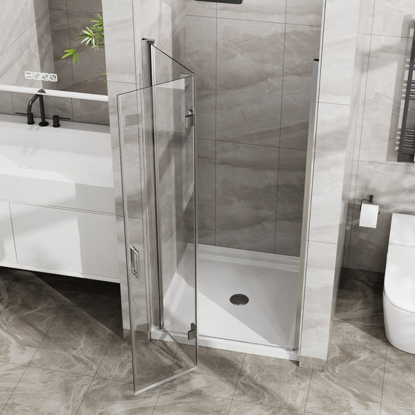 English Elm Goodyo 34"X72" Space-Saving Bifold Frameless Glass Shower Door & White Acrylic Base Combo Set W1223S00020