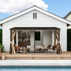 English Elm 10x14FT Lean to Gazebo with Metal Roof, Hidden Gutter System, Curtains & Netting, Heavy-Duty Steel Exterior W1859S00130