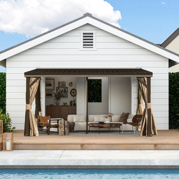 English Elm 10x14FT Lean to Gazebo with Metal Roof, Hidden Gutter System, Curtains & Netting, Heavy-Duty Steel Exterior W1859S00130