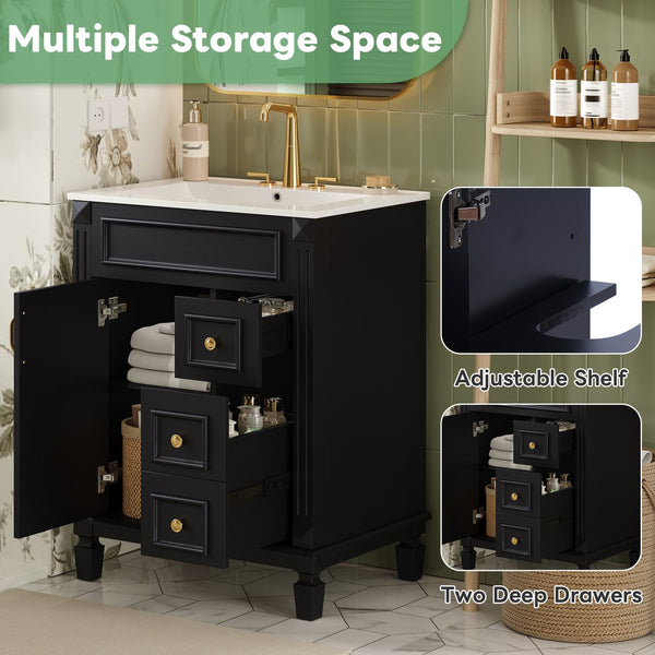 English Elm 24" French-Inspired Bathroom Vanity With Ceramic Sink, 2 Soft-Close Drawers & Adjustable Shelf N710P318989B