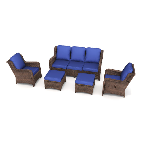 English Elm Patio Rattan Outdoor Sectional Set with 3-Seat Sofa, 2 Chairs & 2 Ottomans Cushioned Comfort Brown Grey,Navy Blue W1710S00255