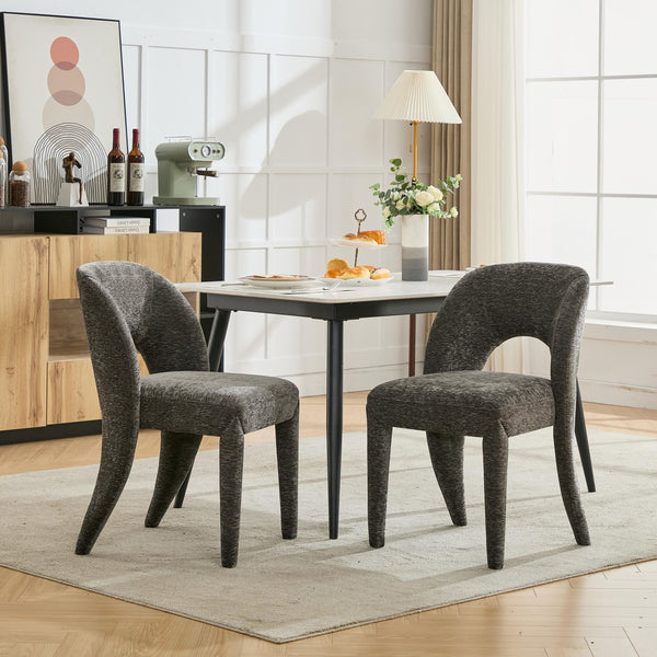 English Elm grey chenille dining chair set of 2 with hollowed backrest, iron frame KD assembly, comfy cushion, 300 lb capacity W3615P340369