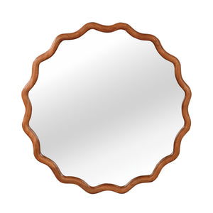 English Elm Yellowish Wavy 30" Round Solid Wood Frame Mirror with Tempered Glass — Rustic Elegant Vanity Accent W2203P389076