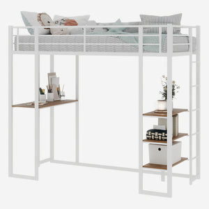 English Elm Iron framed bunk bed with L-shaped study desk and dual-side stairs, space-saving durable design White W1935P330796