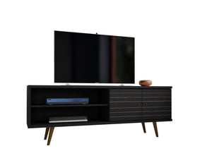 English Elm Liberty 71" TV Stand with Mid-Century Splayed Legs, Wire Management, Drawer & Cubby Storage Black B365P398404