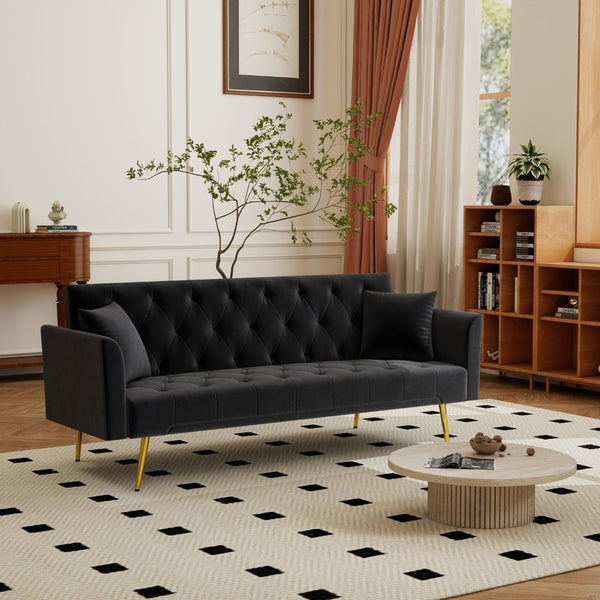 English Elm Modern Tufted Velvet Sleeper Sofa Retro Style Convertible Fold Flat for Compact Spaces Black W2353P399458